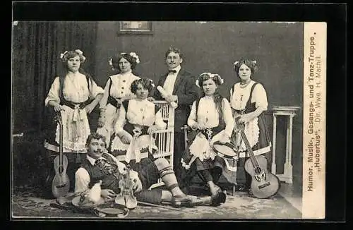 AK Humor. Musik-, Gesangs- und Tanz-Truppe Hubertus in Trachten mit Gitarre und Violine