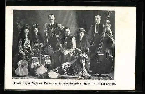 AK 1. Croat. Ungar. Zigeuner Musik- und Gesangs-Ensemble Orao mit Kontrabass und Gitarre