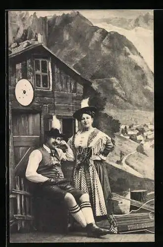 AK Musik- u. Gesangs-Duett Stosnach in Trachten vor einer Studiokulisse