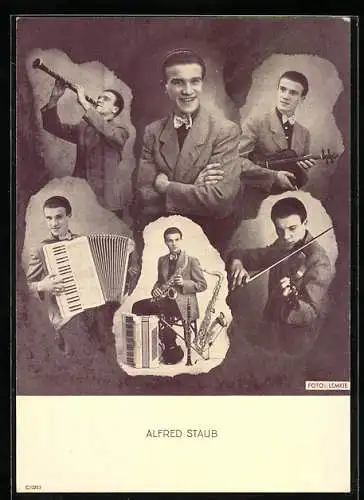 AK Musiker Alfred Staub mit Klarinette, Violine und Akkordeon