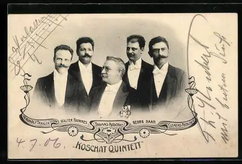 AK Musiker vom Koschat Quintett-R. Traxler, W. Fournes, Th. Koschat, G. Haan und Cl. Fochler