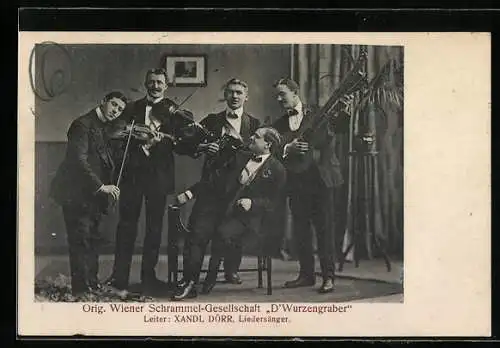 AK Orig. Wiener Schrammel-Gesellschaft D`Wurzengraber, Musiker mit Violinen und Akkordeon