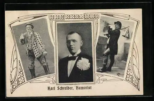AK Humorist Karl Schreiber, Porträt und Bilder seiner Rollen