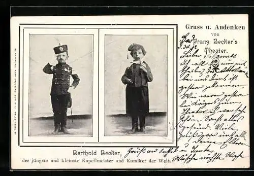 AK Kapellmeister und Komiker Berthold Becker als Kind in seinen Kostümen, Franz Beckers Theater, Um 1900