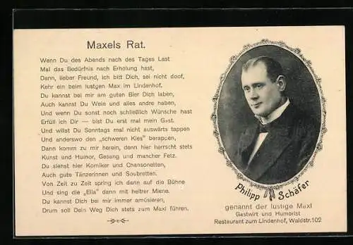 AK Portrait des Komikers Philipp Schäfer, Gedicht Maxels Rat