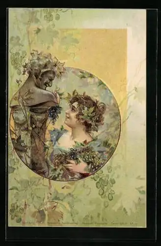 Lithographie Junge Frau mit Weintrauben vor einer Büste, Jugendstil