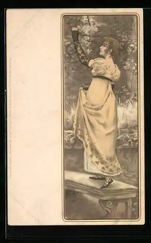 Künstler-AK Meissner & Buch (M&B) Nr. 1053: Frau im Kleid pflückt einen Apfel