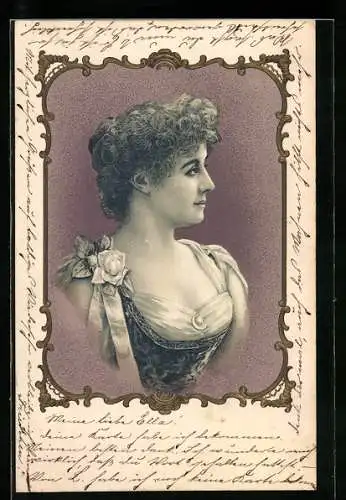 Lithographie Schöne Frau im taillierten Kleid mit Rose, Jugendstil