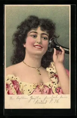 Lithographie Junge Dame im rosanen Kleid mit altem Telefon, Jugendstil
