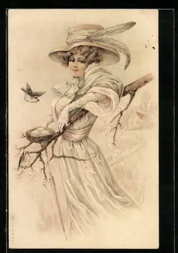 Künstler-AK Junge schöne Frau am Vogelnest, Jugendstil