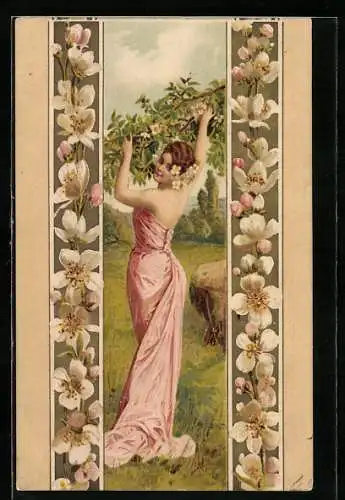Künstler-AK Dame im rosafarbenen Kleid im Garten, Jugendstil