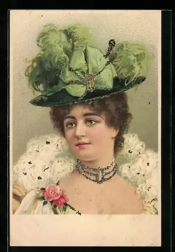 Lithographie Frau mit grünem Hut, Jugendstil