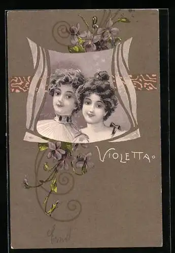 AK Zwei bildhübsche Frauen im Porträt umrahmt von Jugendstil-Ornamentik, Violetta