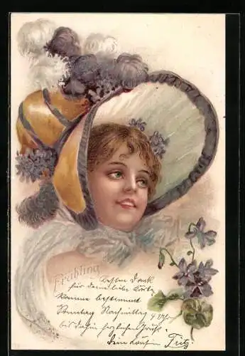 AK Fröhliches Mädchen mit grossem Hut, Jugendstil