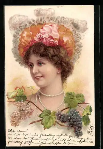 Lithographie Herbst, Portrait einer schönen Frau mit Weinreben im Jugendstil