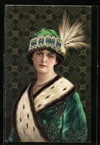 AK Junge Frau in einem Pelzmantel mit Hut