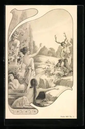 Lithographie Satyr, Maiden, Jüngling mit Hirschgeweih, Jagd, Allegorie, Diana, Jugendstil