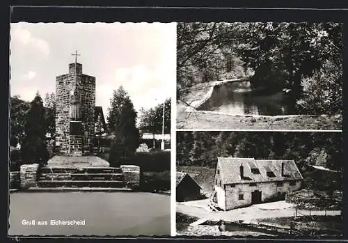 AK Eicherscheid /Eifel, Flusspartie und Denkmal