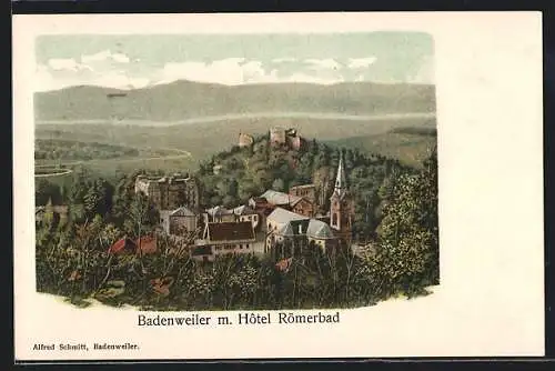 Lithographie Badenweiler, Panorama mit Hotel Römerbad
