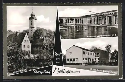 AK Bellingen, Kirchenpartie, Bewegungsthermalbad, Hotel Garni Dreiländereck