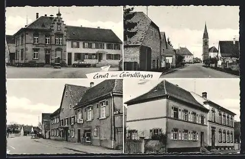 AK Gündlingen, Geschäft, Rathaus, Strassenpartie mit Kirche