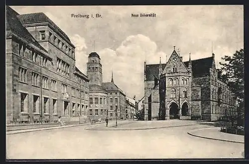 AK Freiburg i. Br., Neue Universität und Strassenpartie