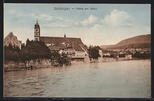 AK Bad Säckingen, Partie am Rhein, Blick zur Kirche