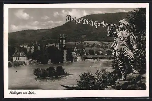 AK Säckingen am Rhein, Flusspartie mit Kirche und Trompeter, Behüt` Dich Gott!