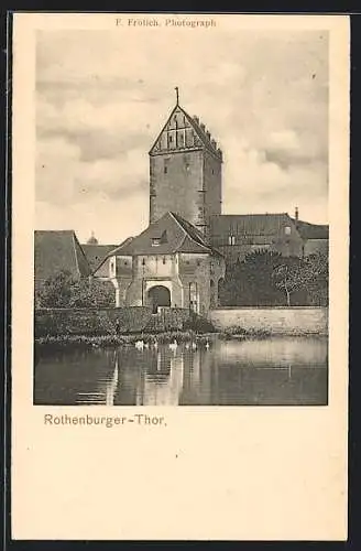 AK Rothenburg / Tauber, Rothenburger-Thor mit Flusspartie und Schwänen