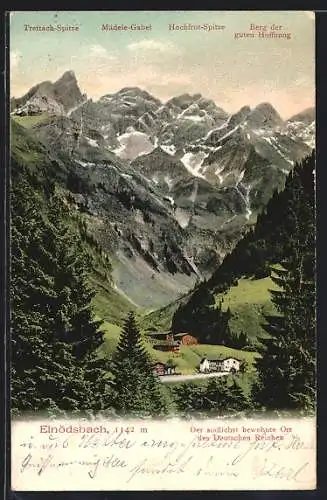 AK Einödsbach, Panorama mit Trettach-Spitze, Mädele-Gabel und Berg der guten Hoffnung