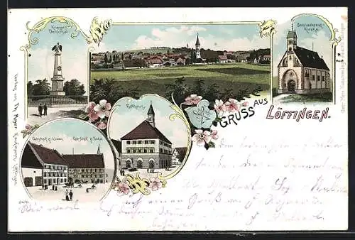 Lithographie Löffingen, Gasthof zum Löwen und Gasthof zur Sonne, Schneekreuz-Kirche