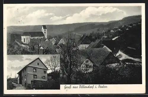 AK Dillendorf / Schwarzwald, Pension, Teilansicht mit Kirche