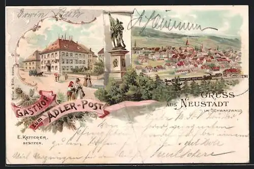 Lithographie Neustadt / Schwarzwald, Gasthaus Zum Adler-Post von E. Ketterer, Ortsansicht