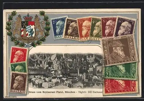 Präge-AK München, Restaurant Platzl, Innenansicht, Briefmarken von Bayern, Wappen, Passepartout