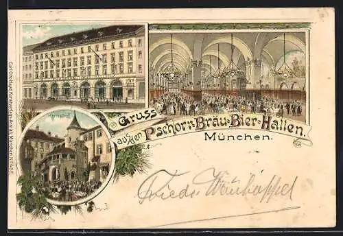 Lithographie München, Gasthaus Pschorr-Bräu-Bier-Hallen, Innenansicht, Kneiphof