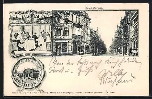 AK Hagen i. W., Bahnhofstrasse mit Hotel Europäischer Hof u. Buchdruckerei Wilhelm Schröder, Inneres Restaurant, Bahnhof