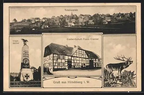 AK Hirschberg / W., Totalansicht, Kriegerdenkmal, Gastwirtschaft Franz Cramer
