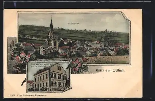 AK Welling, Gasthaus zur roten Eck von P. Schäfer, Totalansicht mit Kirche
