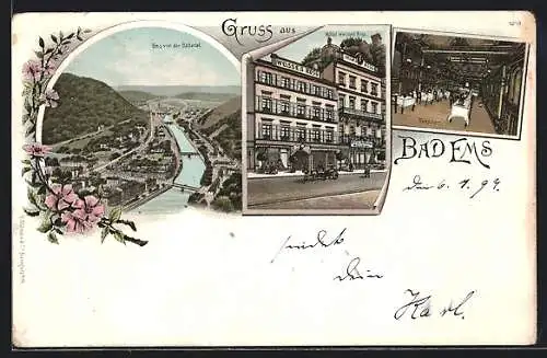 Lithographie Bad Ems, Hotel weisses Ross, Inneres Restaurant, Teilansicht von der Bäderlei