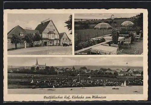 AK Körbecke am Möhnesee, Gasthaus Westfälischer Hof mit Terrasse