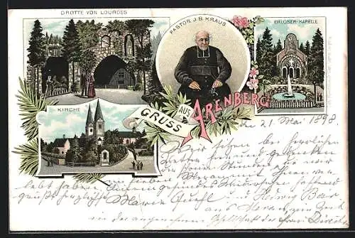 Lithographie Arenberg, Grotte von Lourdes, Kirche, Pastor J. K. kraus, Erlöser-Kapelle