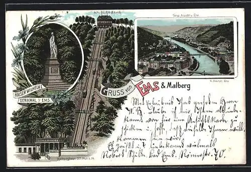 Lithographie Ems, Malbergbahn, Kaiser Wilhelm I. Denkmal, Totalansicht der Stadt
