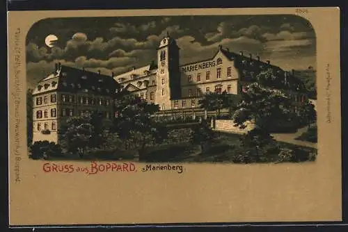Mondschein-Lithographie Boppard, Marienberg im Vollmondlicht