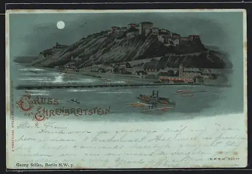 Mondschein-Lithographie Ehrenbreitstein, Blick auf die Festung mit Flusspartie