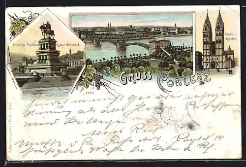 Lithographie Coblenz, Castor-Kirche und Provinzial Denkmal Kaiser Wilhelm I