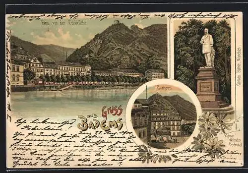 Lithographie Bad Ems, Kaiser Wilhelm Denkmal, Kurhaus, Ortsansicht von der Kurbrücke aus
