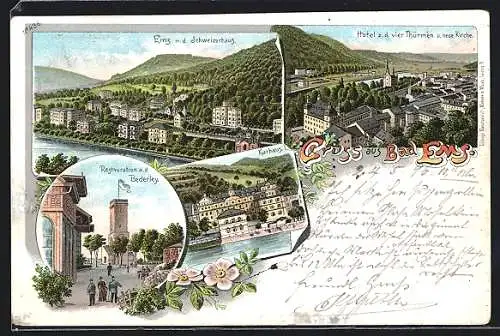 Lithographie Bad Ems, Restaurant a. d. Bederley, Hotel zu den vier Thürmen, Teilansicht mit Schweizerhaus