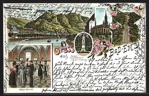 Lithographie Bad Ems, Malberg Bahn und Kaiser Wilhelm I Denkmal auf dem Malberg