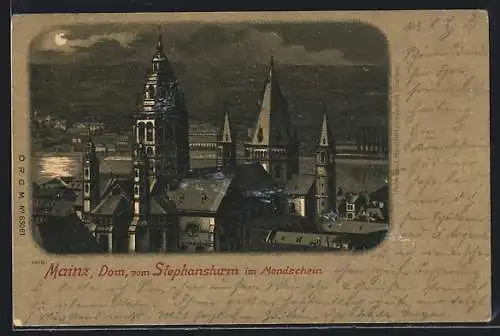Mondschein-Lithographie Mainz, Dom vom Stephansturm