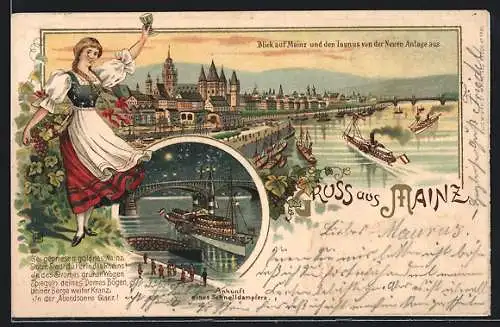 Lithographie Mainz, Ankunft eines Schnelldampfers, Stadtblick von der Neuen Anlage aus